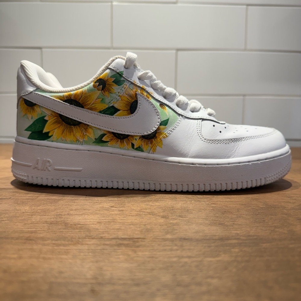 Custom Nike Air Women’s White and Yellow Sunflower Sneakers